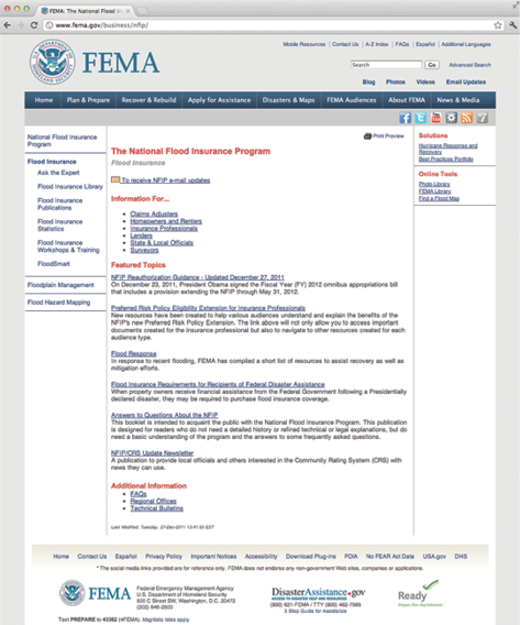 Screenshot of the FEMA National Flood Insurance program web page