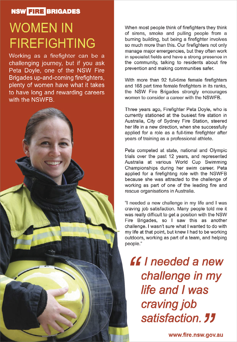 New South Wales Fire Brigades advertisement featuring an image of a smiling young woman dressed in firefighting jacket and holding a helmet.