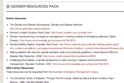 Screenshot of Australian Emergency Management Knowledge Hub website, close-up of the Gender Resources Pack page.
