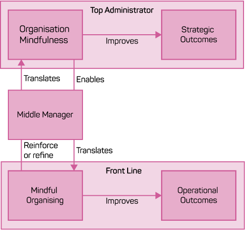 A diagram showing the relationship between a middle manager, and organisation mindfulness and mindful organising.