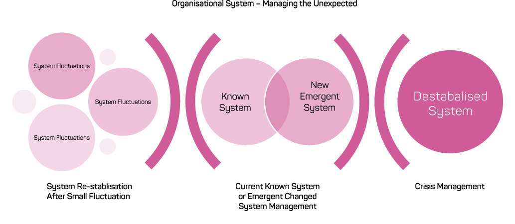 A diagram showing the relationship between system re-stablisation after small fluctuation, current known system or emergent changed system management, and crisis management.