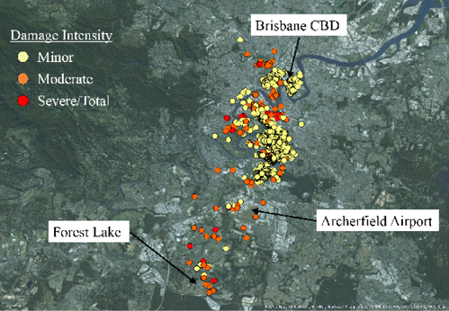 Satellite image showing Brisbane CBD, Archerfield and Forest lake, and the damage intensity from the thunderstorm. Moderate damage is seen around Forest Lake, but most of the minor to severe damage is seen north of Archerfield and south of Brisbane CBD.