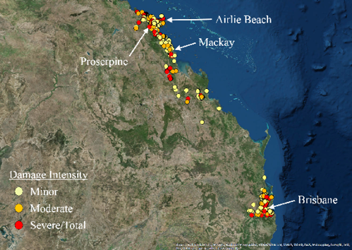 Satellite image showing storm damage intensity on Queensland’s east coast, from Brisbane to Airlie Beach. Most of the minor, moderate and severe damage occurred around Brisbane, and Proserpine, Mackay and Airlie Beach. Pockets of damage were seen inland south of Mackay.