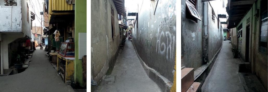  A series of images showing very narrow laneways in between buildings and homes. It does not look like a car or emergency vehicle would fit down the lanes.