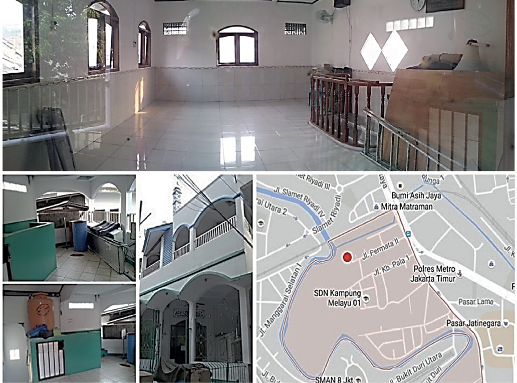 A series of images showing the inside of the shelter. It is clean, and looks raised so that people staying in it are not affected by floodwaters. A map shows the location of the shelter in Kampung Melayu.