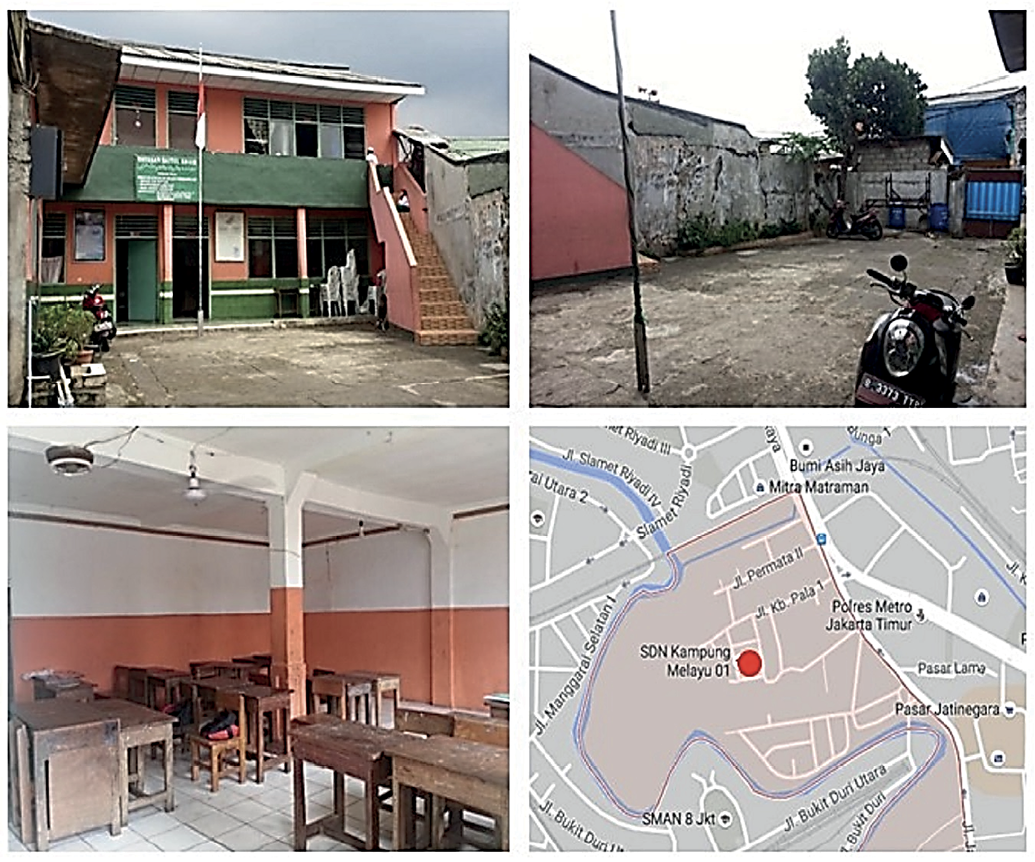 A series of images showing the school used as a temporary shelter. Again, the school is raised so people are not affected by floodwaters. The surrounding yard is clean. A map shows the location of the shelter in Kampung Melayu.