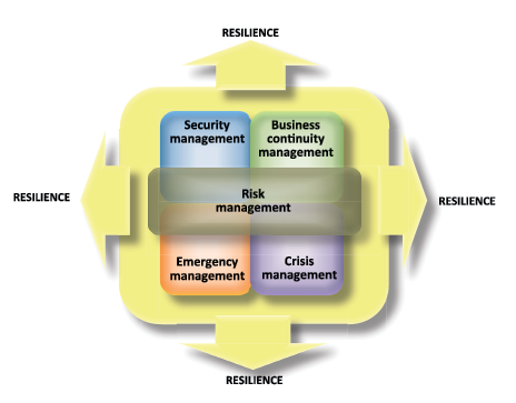 Diagram has risk management at the centre, surrounded by security management, business continuity management, emergency management and crisis management, with resilience grows out of these collectively.