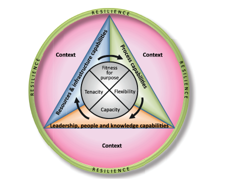 Diagram has a four-quadrant circle at the centre containing fitness for purpose, flexibility, capacity and tenacity. The circle is contained within a three-sector triangle containing process capabilities, leadership, people and knowledge capabilities, and resources and infrastructure capabilities. The triangle is contained within a circle labelled context bounded by resilience. 