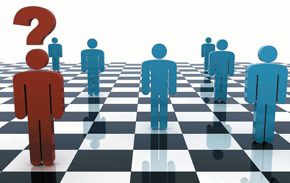 Illustration of several blue people icons standing on a chess board. One of the people icons is red with a question mark over its head.