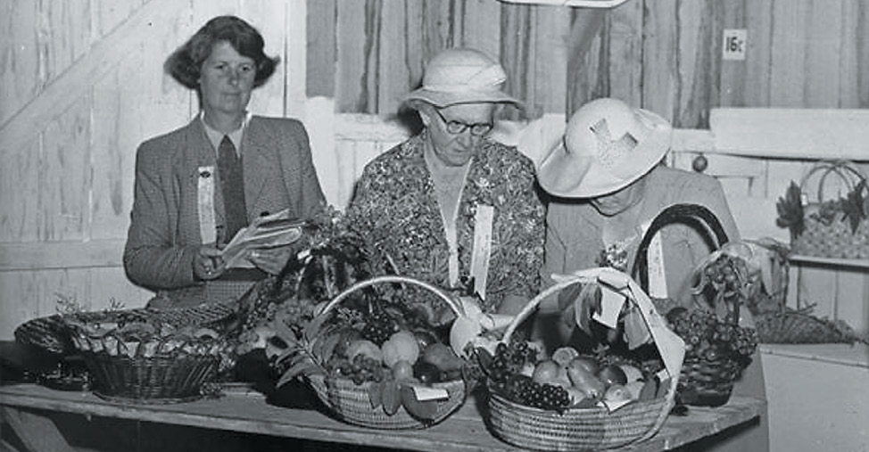 Vintage photograph of three senior women standing behind a table laden with baskets of fresh produce.