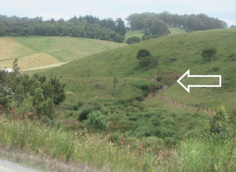 A grassy valley is spanned by a substantial earth dam wall. At one side of the dam wall there is significant erosion caused by overflow from the dam. The dam wall and the erosion path are covered in vegetation.