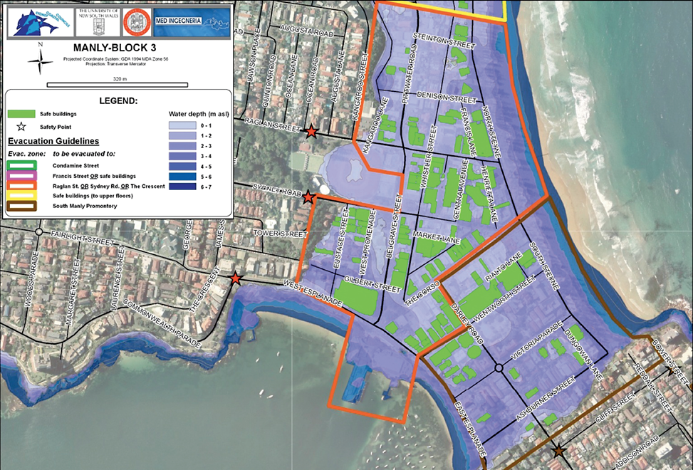 A satellite image of Block 3 of Manly overlaid with street names and graphics shows the depth of inundation of sea water and 5 different evacuation zones.