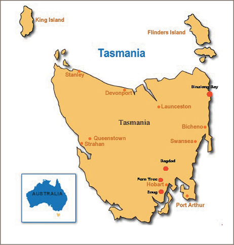 A map of Tasmania showing Fern Tree, Binalong Bay, Bagdad and Snug Tiers.