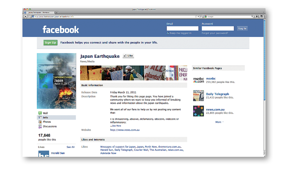 Screenshot of the Facebook page for the Japan earthquake.