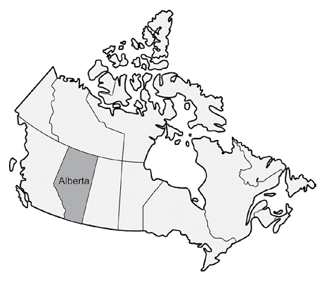 Map of Canada, showing Alberta in the west.