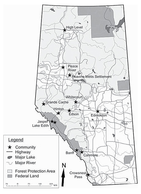 Map of Alberta, Canada, showing the case study communities (High Level, Peace River, Beauvine Metis Settlement, Grande Cache, Hinton, Jasper, Lake Edith, Banff, Canmore, Crowsnest Pass, Whitecourt, Edson and Edmonton).