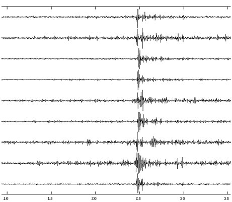 A graph showing a seismograph reading from a plane crash in Norway in 1996. It has nine black horizontal lines, with different points along the line drawn at different heights above and below the horizontal line. As the plane crashes into a mountain, the vertical lines start to get taller and then taper off again.