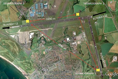 An aerial photograph of Prestwick airport showing the runways and nearby suburbs. The locations of seismographs are marked by three yellow crosses, and the distances between them are marked in between orange arrows.