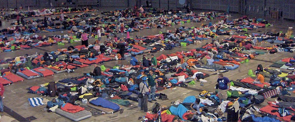 Photograph of people camping in sleeping bags inside a large stadium at Sydney Olympic Park. The sleeping bags are set out in rows across the stadium.
