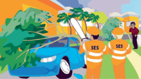 Illustration of SES officers looking at a tree fallen on a car