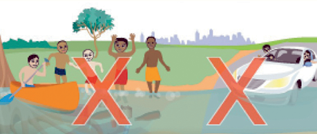 An illustration of people standing, driving, canoing in floodwaters. There are big red crosses over the top.