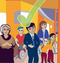 An illustration of people at an evacuation centre with a big green tick over the top.