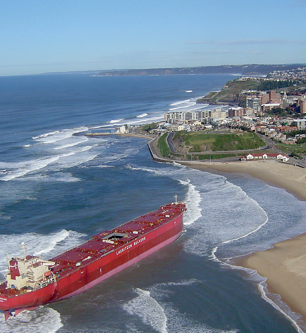 Aerial photograph of Nobby’s Beach, Newcastle, showing the Pasha Bulker grounded just offshore