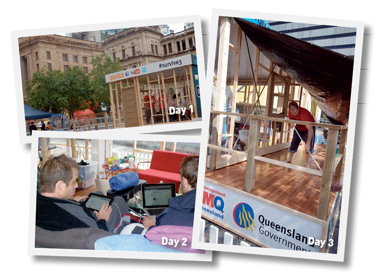 Three photographs of a temporary room with timber frame and glass walls erected in a town square. Two men with laptops are occupying the room.