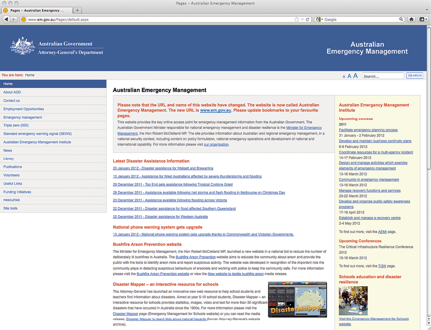 Screenshot of the Australian Emergency Management website