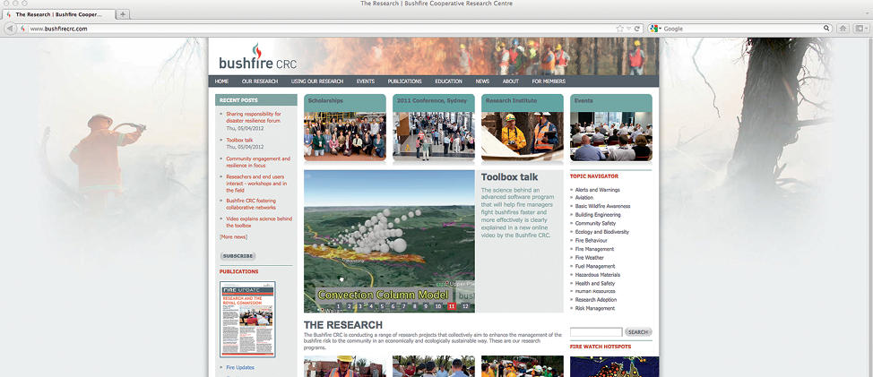 Screenshot of the Bushfire CRC web page