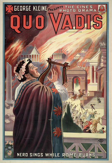 Poster from the 1924 film, Quo Vadis, depicting Nero playing a lute on a balcony overlooking the burning city of Rome