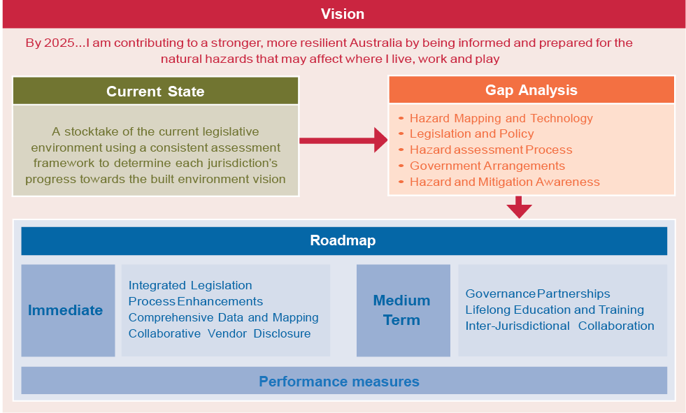 Diagram showing the project’s Vision, Current state, Gap analysis, Roadmap (immediate and medium term) and Performance measures