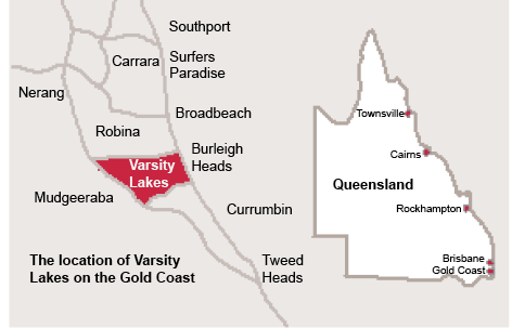 Map of Queensland showing the location of Varsity Lakes, between Burleigh Heads and Robina on the Gold Coast