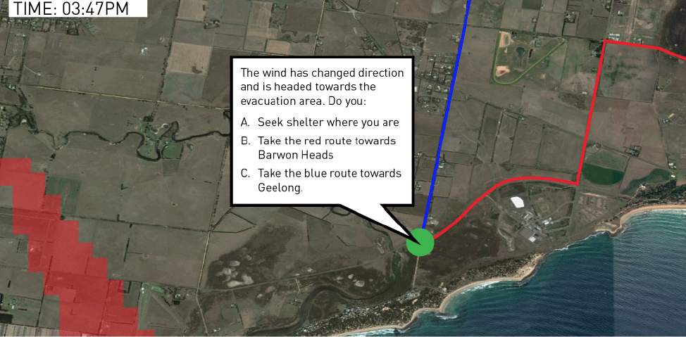 Screenshot of the community awareness tool showing an aerial view of a coastal landscape with a green dot indicating current location and two roads highlighted in blue or red. A pop-up question reads ‘The wind has changed direction and is headed towards the evacuation area. Do you: (A) Seek shelter where you are; (B) Take the red route towards Barwon Heads; (C) Take the blue route towards Geelong’.
