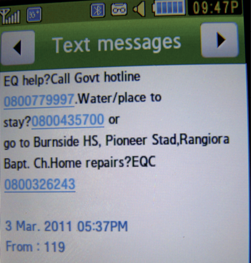 Screenshot of a text message from Civil Defence