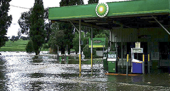 A BP petrol station inundated by floodwaters.