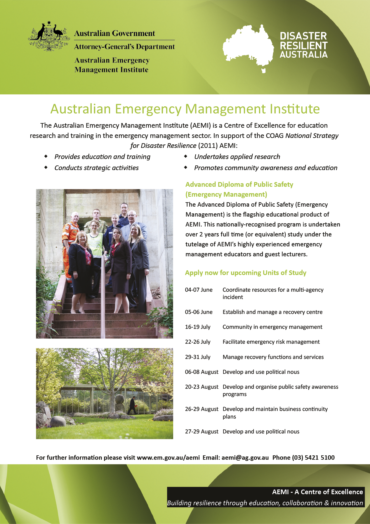 Advertisement for Australian Emergency Management Institute. For more information visit em.gov.au/aemi