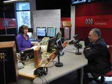 Bob Jensen is interviewed by ABC 666 local radio presenter, Alex Sloan in a radio broadcasting studio.