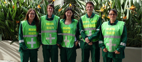 Team 3 ready for deployment. L-R: Hayley Conforti (O.T), Alice Maidment (RN EPIS), Tami Suzuki (SW), David Kerley (CNC CAMHS), Andrea Simpson (CNC EPIS).
The five team members stand smiling, dressed in green work clothes with bright green safety bibs displaying the words "mental health".