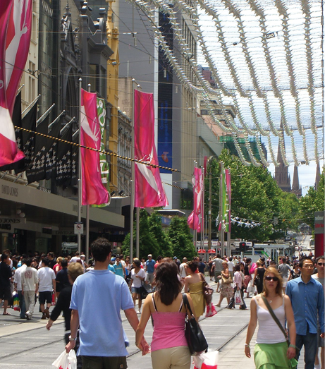 People walking down the main street within the Melbourne central business district.