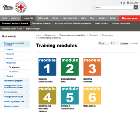 A screenshot of the Red Cross website’s six training modules.