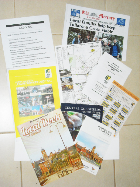 A Carisbrook Welcome Kit includes a copy of The Carisbrook Mercury, the Maryborough and District Local Book 2012–2013, a Central Goldfields Visitor Guide, a recycling collections calendar, a brochure welcoming residents to Central Goldfields Shire, a map of the local area, a Central Goldfields Leisure Services Guide, and a welcome letter.