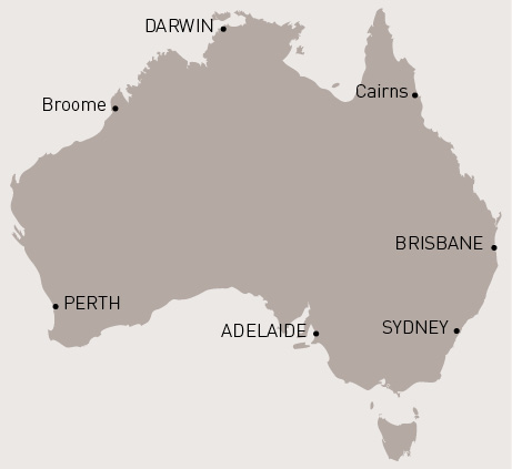Map of Australia, with cities Perth, Broome, Darwin, Cairns, and Brisbane, Sydney and Adelaide shown.