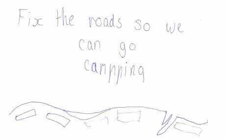 A child’s line drawing of a broken road. The caption reads ‘fix the roads so we can go camping’.