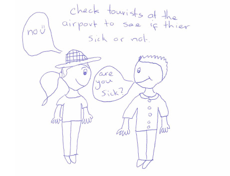 A child’s line drawing of two children. The caption reads ‘check tourists at the airport to see if they’re sick or not’. One child is asking the other ‘Are you sick?’ The other answers ‘no’, with a smile.