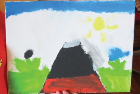 A photo of a painting of Eyjafjallajökull erupting. This artwork shows a bright sunny day with plenty of green vegetation surrounding the volcano.