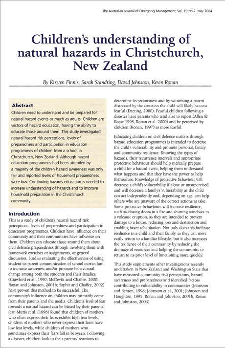 Photo of the first page of the original report, titled ‘Children’s understanding of natural hazards in Christchurch, New Zealand’.