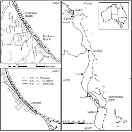 A simple map showing the relative location of the study sites in north Queensland, between Cairns northern beaches and Ingham. Holloways Beach/Machans Beach and Cardwell are also shown closer up.