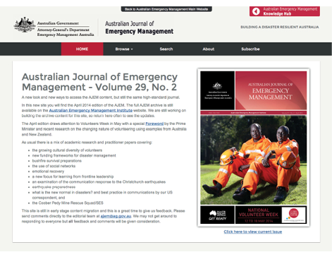Screenshot of the new Australian Journal of Emergency Management website featuring Volume 29, No. 2.