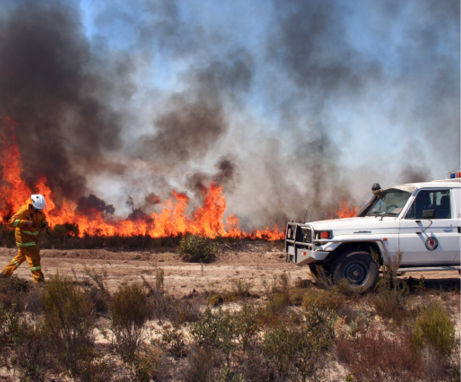 A person in firefighting uniform walks towards a ute parked in front of a line of fire and smoke.